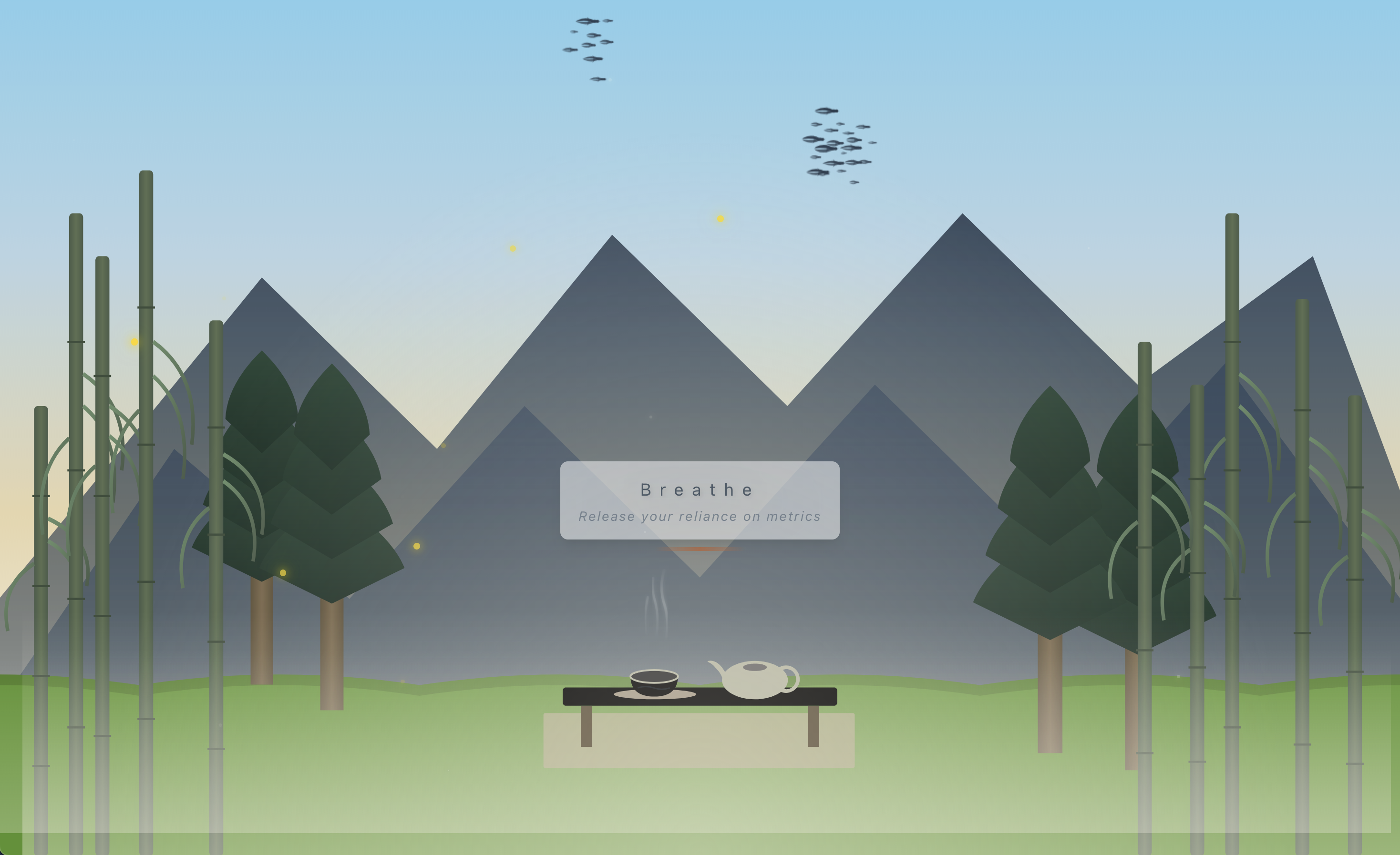 A calming scene with digitally drawn pine trees, bamboo, and a tea set on a table in the grass against the backdrop of mountains. Birds fly overhead.