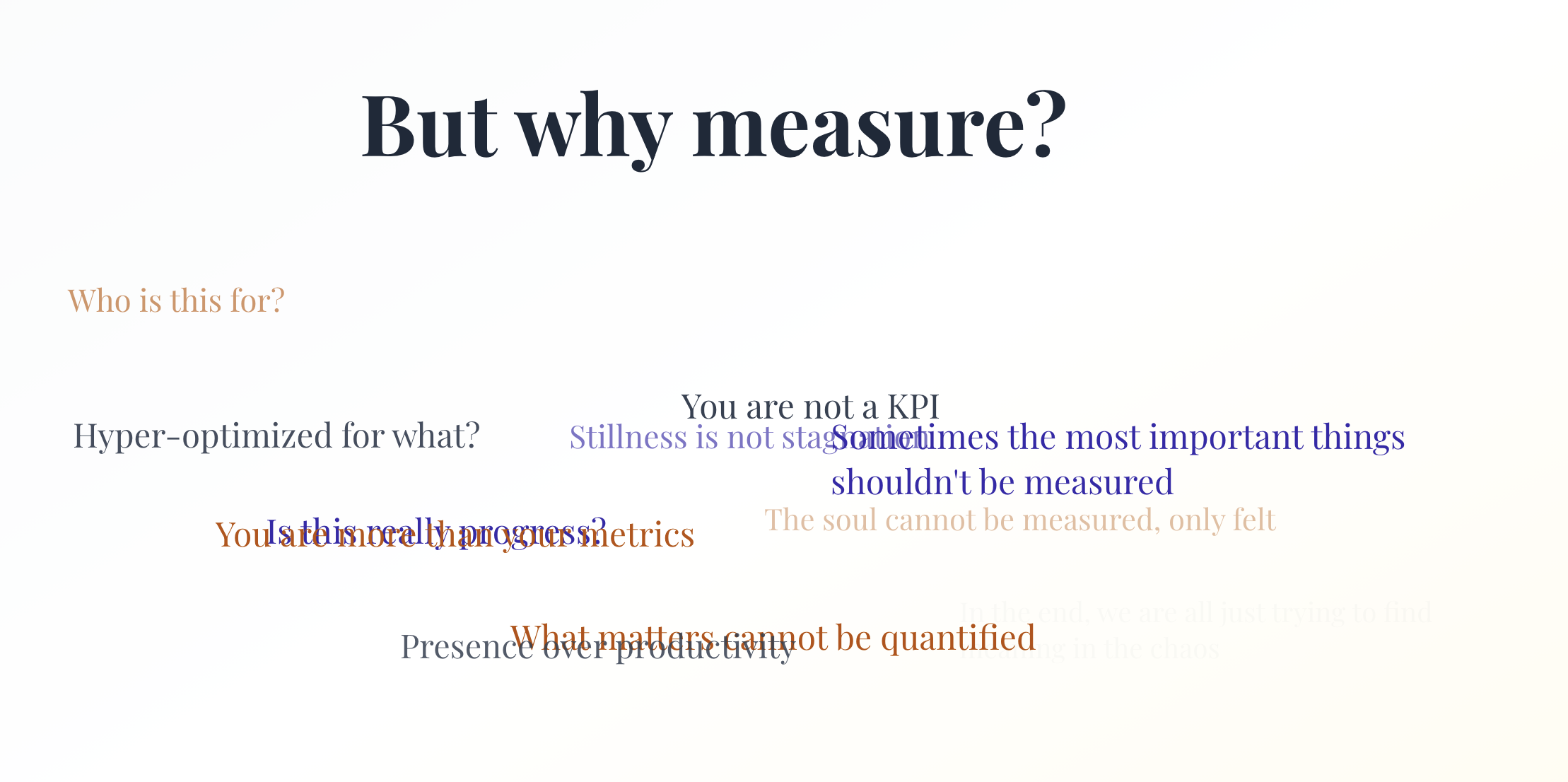 Still image of an animated word cloud with various sentences such as 'You are not a KPI' and 'Presence over productivity'